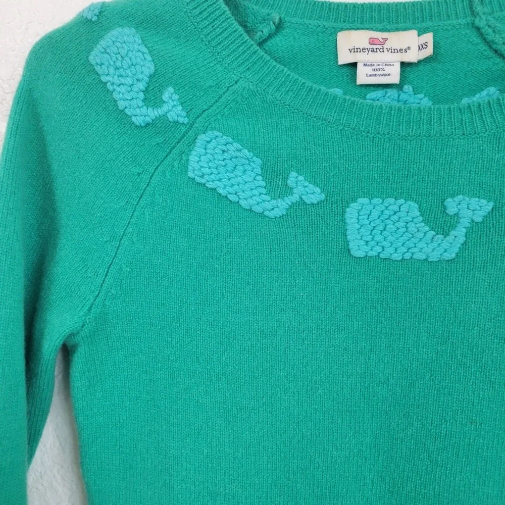 Vineyard Vines Green Embroidered Whale Neckline Wool Crewneck Sweater Sz XXS